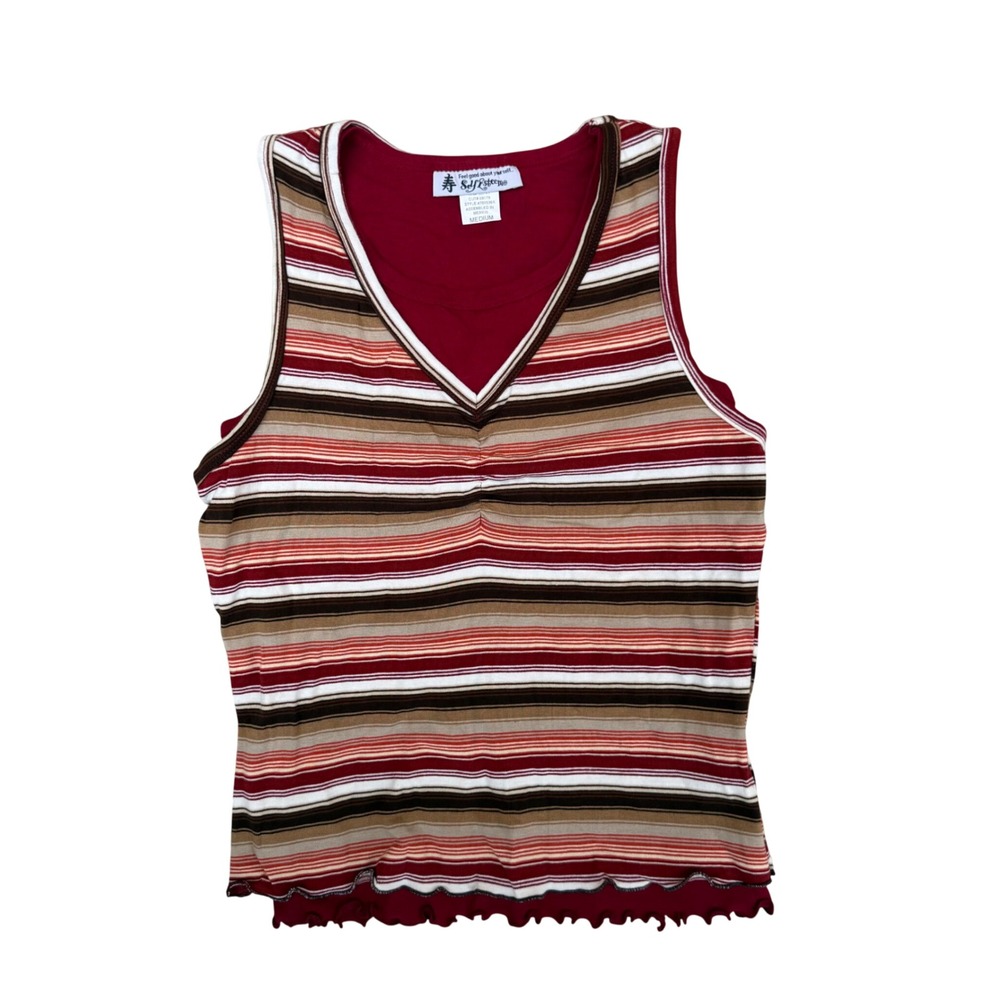 Self Esteem Women Striped Double Layer Tank Top Burgundy Brown Lettuce Edge M